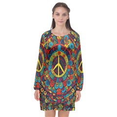 Peace Abstract Pattern Creative Drawing Long Sleeve Chiffon Shift Dress  by Posterlux