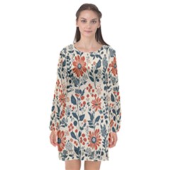 Retro Scandinavian Nordic Flowers Pattern Long Sleeve Chiffon Shift Dress  by violetheavensky