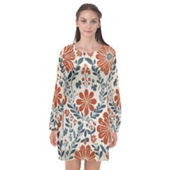 Retro Scandinavian Nordic Flowers Pattern 3 Long Sleeve Chiffon Shift Dress  by violetheavensky