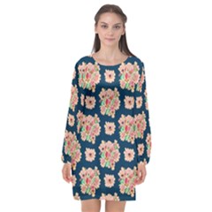 Retro 1880s Flowers Pattern 7 Long Sleeve Chiffon Shift Dress  by violetheavensky
