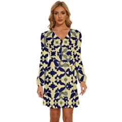 Royal Fractal Pattern 3 Long Sleeve Waist Tie Ruffle Velvet Dress by violetheavensky