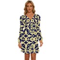 Royal Fractal Pattern 3 Long Sleeve Waist Tie Ruffle Velvet Dress View1