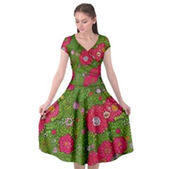 Mid Century Retro Floral 1970s 1960s Pattern 88 Cap Sleeve Wrap Front Dress by violetheavensky