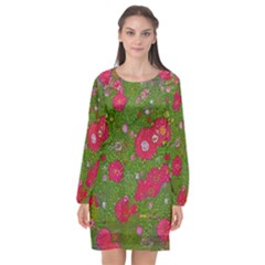 Mid Century Retro Floral 1970s 1960s Pattern 88 Long Sleeve Chiffon Shift Dress  by violetheavensky