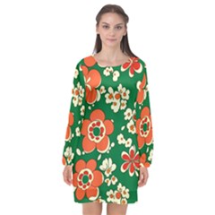 Mid Century Retro Floral 1970s 1960s Pattern 94 Long Sleeve Chiffon Shift Dress  by violetheavensky