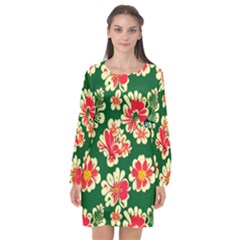 Retro 40s 50s Mexico Flowers Pattern 2 Long Sleeve Chiffon Shift Dress  by violetheavensky