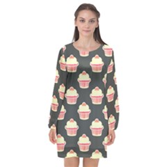 Retro 40s 50s Cupcake Pattern 4 Long Sleeve Chiffon Shift Dress  by violetheavensky