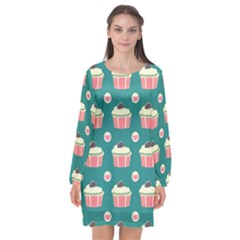 Retro 40s 50s Cupcake Pattern 2 Long Sleeve Chiffon Shift Dress  by violetheavensky