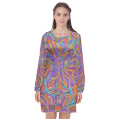 Mid Century Retro Floral 1970s 1960s Pattern 75 Long Sleeve Chiffon Shift Dress  by violetheavensky