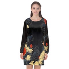 Korean Art Flowers Asian Pattern Long Sleeve Chiffon Shift Dress  by Sabxi