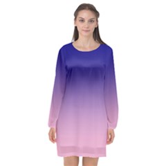 Navy Blue To Cotton Candy Pink Linear Gradient Long Sleeve Chiffon Shift Dress  by GradientsOmbre