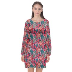 Red Flowers 2 Long Sleeve Chiffon Shift Dress  by DinkovaArt