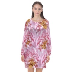 Peonies Nature Bloom Blossom Pink Long Sleeve Chiffon Shift Dress  by Tsamara