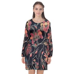 Red Flowers 2 Long Sleeve Chiffon Shift Dress  by DinkovaArt