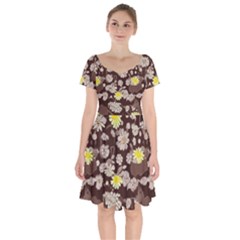Mid Century Retro Floral 1970s 1960s Pattern 84 Short Sleeve Bardot Dress by violetheavensky