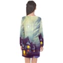 Village Moon Cloudy Historical Tudor Architecture Houses Town Night Windows City Long Sleeve Chiffon Shift Dress  View2