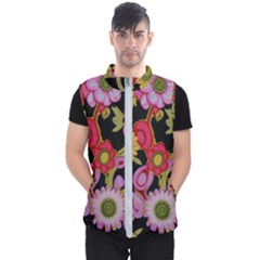Mid Century Retro Floral 1970s 1960s Pattern 70 Men s Puffer Vest by violetheavensky